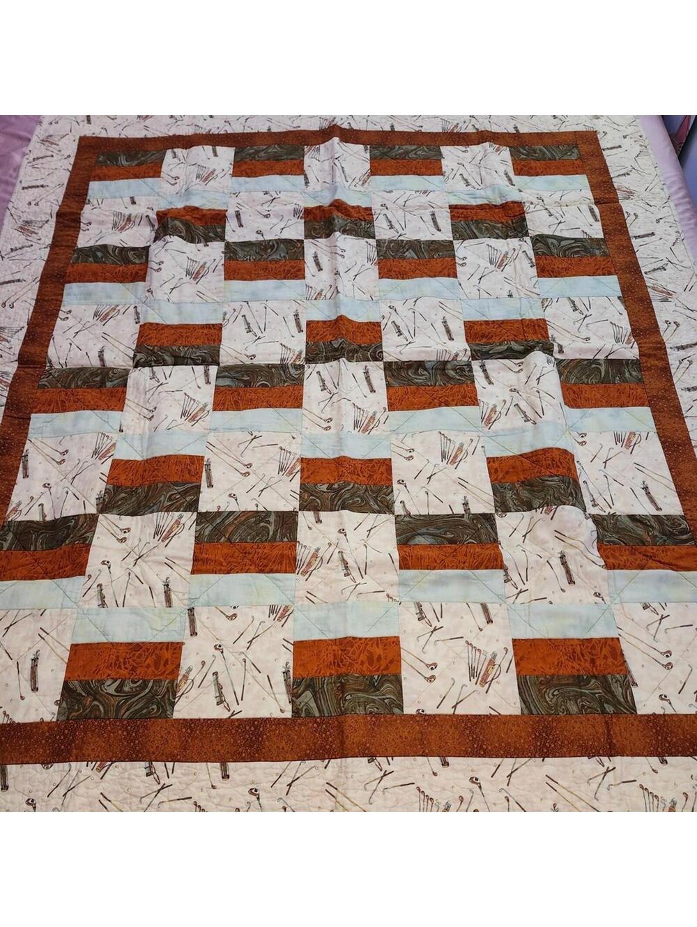 NEW Handmade Golf-Themed Patchwork Quilt 52 x 58 inches Forest Backing